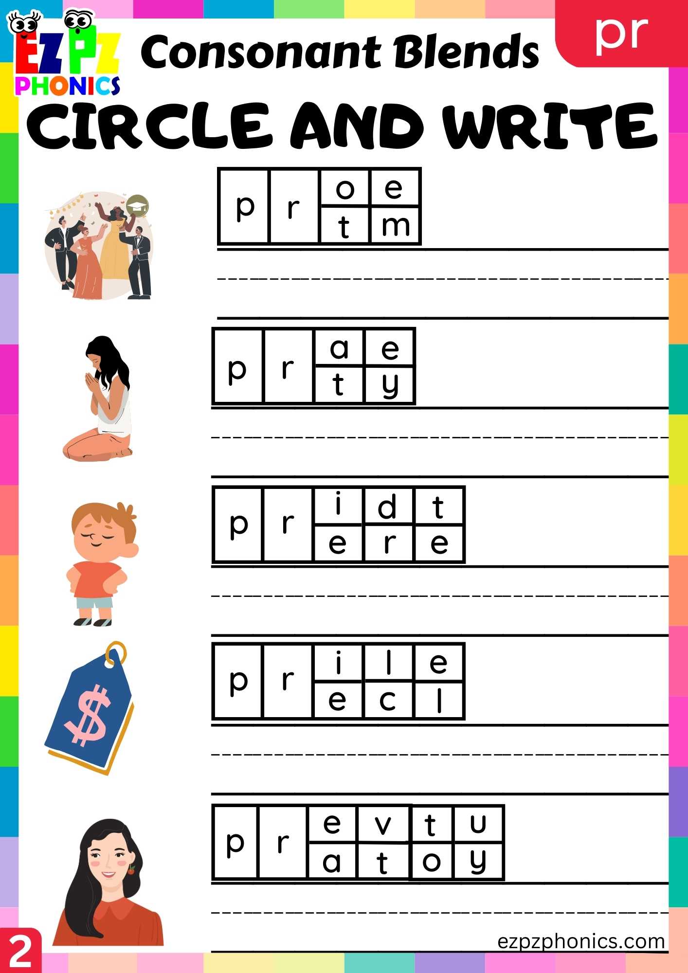 Group2 PR Words Circle And Write Phonics Consonant Blends Worksheet